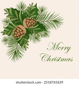 Pine cones cone border with branch. Christmas winter design with copy space. Merry Christmas calligraphy. Stock vector