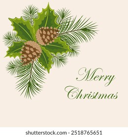 Pine cones cone border with branch. Christmas winter design with copy space. Merry Christmas typography. Stock vector