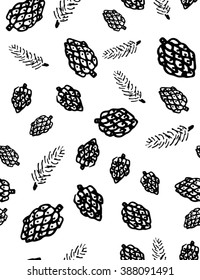 pine cones and coniferous branches seamless vector pattern