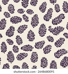 Pine cones in dark purple on a cream background. Woodblock print seamless pattern, seamless repeating vector pattern, design and pattern for textile print. Vector illustration.