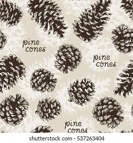 Pine cones fir tree vector seamless pattern, brown botanical hand drawn illustration, xmas pinecones, engraved collection for greeting cards, backgrounds, holiday decor