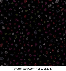 Pine cones flowers and leaves  in red green purple and pink color on black background seamless ditsy pattern