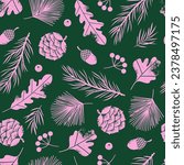Pine cones and forest leaves seamless pattern. Christmas gift wrapping. Vector illustration.