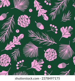 Pine cones and forest leaves seamless pattern. Christmas gift wrapping. Vector illustration.