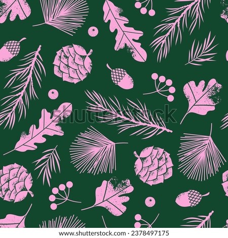 Pine cones and forest leaves seamless pattern. Christmas gift wrapping. Vector illustration.