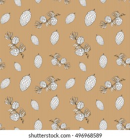 Pine cones hand drawn sketch retro, vintage Seamless Pattern. Vector Illustration