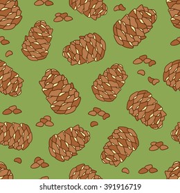 Pine cones on green background vector. Seamless pattern with nuts, hand drawn icons.  Decorative wallpaper, good for printing