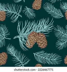 Pine cones seamless pattern. Pine fir christmas tree cedar spruce and cones sketch. Christmas gift wrapping. New Year and Christmas Seamless Pattern.