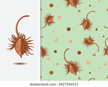 Pine Cones seamless pattern  with 
irregular shape and green background. Fagus hayarde. Vector illustration.