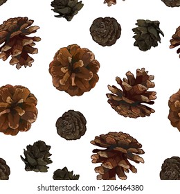Pine cones seamless pattern isolated on white bacground.