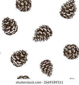 Cones de pinho, padrão sem costura, esboço, desenhado à mão ilustrações vetoriais, monocromático