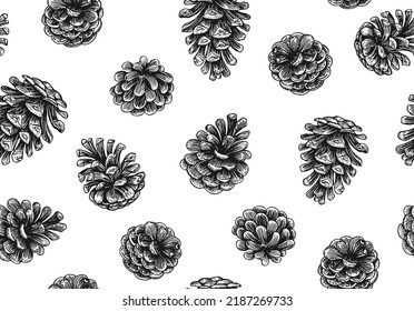 Pine cones seamless vector pattern, black vintage engraving illustration on white background