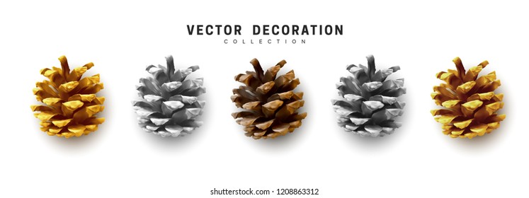 Pine cones. Set of Christmas cones realistic 3d design. Isolated on white background. vector illustration