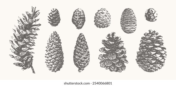 Pine cones set. Christmas stippling photocopy illustration