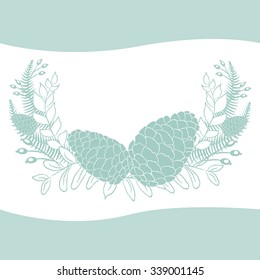 Pine cones set. Frame wreath. Larch branches with cones. Invitation card. Wedding invitation. Greeting card. Pine decorative elements for your design. Vector illustration.