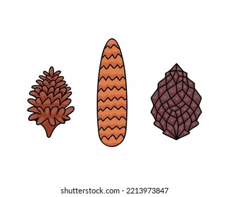 Pine cones set. Vector Illustration for printing, backgrounds, covers and packaging. Image can be used for greeting cards, posters, stickers and textile. Isolated on white background.