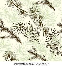 Pine cones vector seamless pattern. Monochrome winter background with Christmas tree branches.