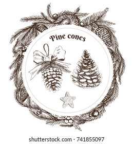 Pine conifer cones in a Christmas wreath and circle banner. Hand drawn engraved holiday vector illustration in sketch retro style. Xmas botanical design template isolated on white. 