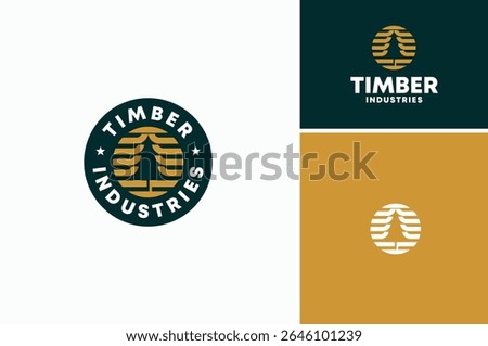 A Pine Conifer Fir Larch Evergreen Tree with golden stripes like Sun for Timber Log Forest Nature logo design