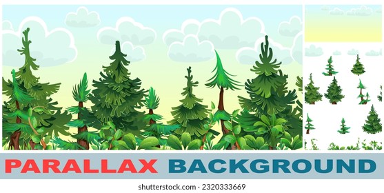 Pine coniferous forest. Cartoon fun style. Beautiful morning sky. Summer forest view. Picture layers parallax effect. Vector image isolated background.