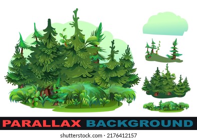 Pine. Coniferous spruce trees. Set parallax effect. Landscape cartoon style. Isolated on white background. Vector.