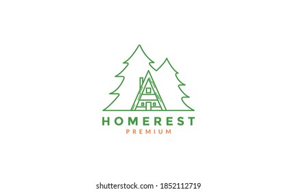 pine or cypress tree with home forest line  logo vector icon illustration design