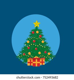 Pine decorated with red and orange Christmas balls. Flat design. Vector illustration.