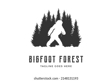 Pine Evergreen Conifer Cedar Larch Cypress Fir Trees Forest with Bigfoot Monster Silhouette Logo Design