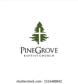 pine evergreen fir Tree Church Logo Design Template . hemlock spruce Cross Logo Vintage . conifer cedar coniferous Cristian Logo Hipster Retro. larch pinus cypress Church Baptist Logo Icon .