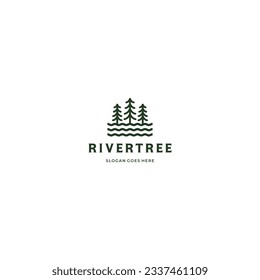 pino evergreen, logo del árbol del río diseño línea estilo vintage en fondo aislado