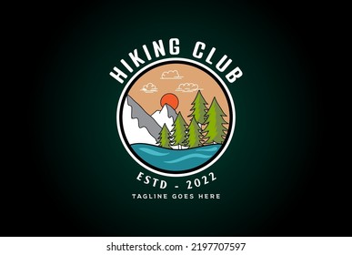 Pine Evergreen Spruce Larch Cypress Fir Trees Forest With Ice Snow Mountain And River Creek Lake For Outdoor Logo Design