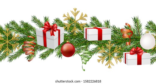 Pine fir branches, gift box, glass balls and curling stream on white background. Seamless christmas and new year pattern. Great for posters, headers, seasonal wallpaper, winter background. Vector