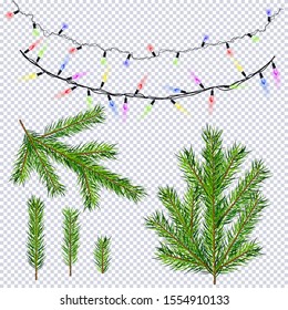 Pine fir branches and light bulb garland. Christmas tree set, garland of luminous bulbs isolated on transparent background. Great for posters, headers, seasonal wallpaper, winter background. Vector