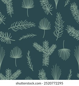Pine and fir branches pattern. Winter greenery background. Conifers plants on green background.   
