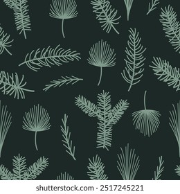 Pine and fir branches seamless pattern. Winter greenery. Backdrop with evergreen plants.
Christmas decoration. Conifers ornament on green background. 