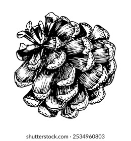 Pine, fir, cedar cone, spruce apple. Vector illustration, hand drawn with ink. Element of coniferous, evergreen forest tree. Decorative clipart for Christmas, New Year prints, eco goods, packaging