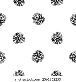 Pine, fir, cedar cone, spruce apple. Vector seamless pattern hand drawn with ink. Element of coniferous, evergreen forest tree. Decorative clipart for Christmas, New Year prints, eco goods, packaging