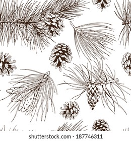 Pine fir Christmas tree cedar spruce and cones seamless pattern vector illustration