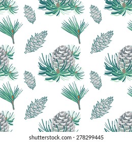 Pine fir christmas tree cedar spruce and cones seamless pattern vector illustration. Seamless pattern with cones and fur-tree branches.Vintage background for fabric, scrapbook, greeting cards. 