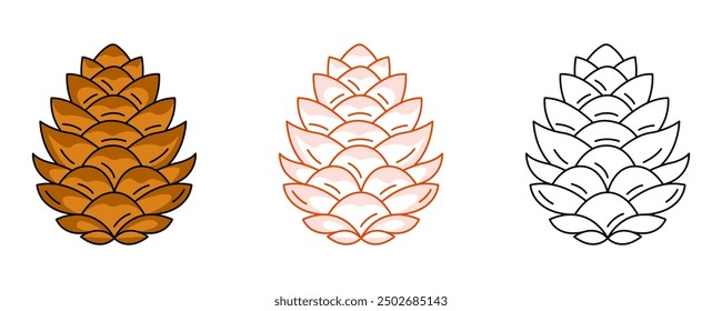 Pine or fir cone, forest tree fruit. Colorful and line icon set. Vector botanical flat outline icon, monochrome and color illustration. For logo, sticker, coloring book, label