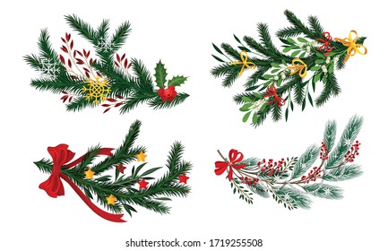 Pine and Fir Tree Branches Decorated with Ribbon and Mistletoe Vector Set