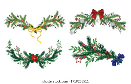 Pine and Fir Tree Branches Decorated with Ribbon and Mistletoe Vector Set