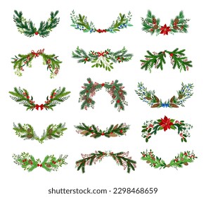 Ramas de Pino y Árbol de Pino Decoradas con Cinta y conjunto de vectores de tamaño Mistletoe