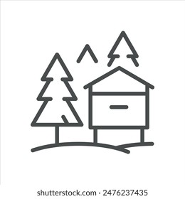Pine Forest Apiary Icon. Simple Line Illustration of an Apiary in a Pine Forest, Symbolizing Natural Beekeeping in Woodland Areas. Vector Symbol on White Background.