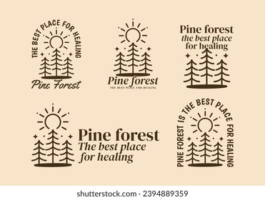 Pine forest, the best place for healing. Line art illustration design of pine trees in vintage color and style