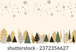 Pine forest, christmas illustration, trees and snowflake hand drawn. Vector illustration.