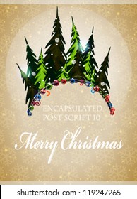 Pine forest and Christmas ornaments on a beige background with transparent snowflakes