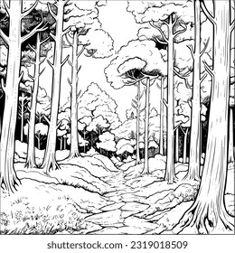 Pine Forest coloring page for adult and child. Stress release coloring page vector illustration.