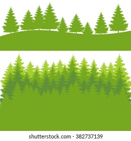 Pine forest. Colourful green summer and spring backgrounds set.