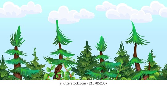Pine forest. Coniferous spruce trees. Seamless horizontal illustration. Landscape cartoon style. Vector.
